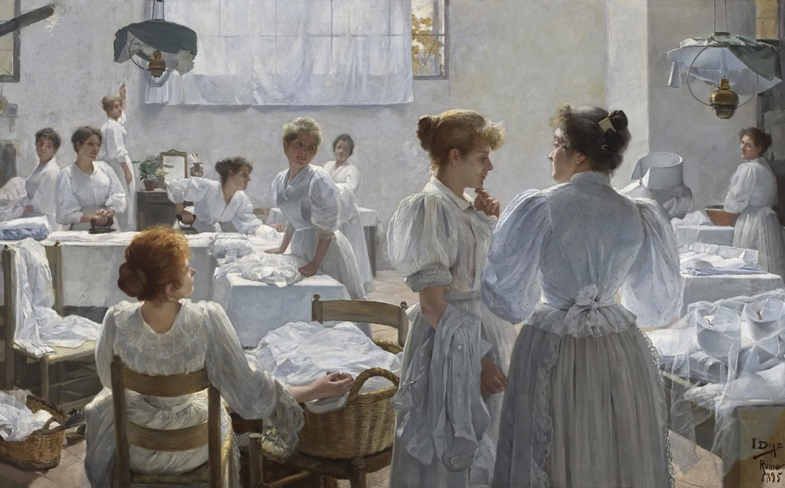 Women dressed in white ironing and folding linen at long tables in a bright workroom; in the foreground an older woman talks with a young newcomer.