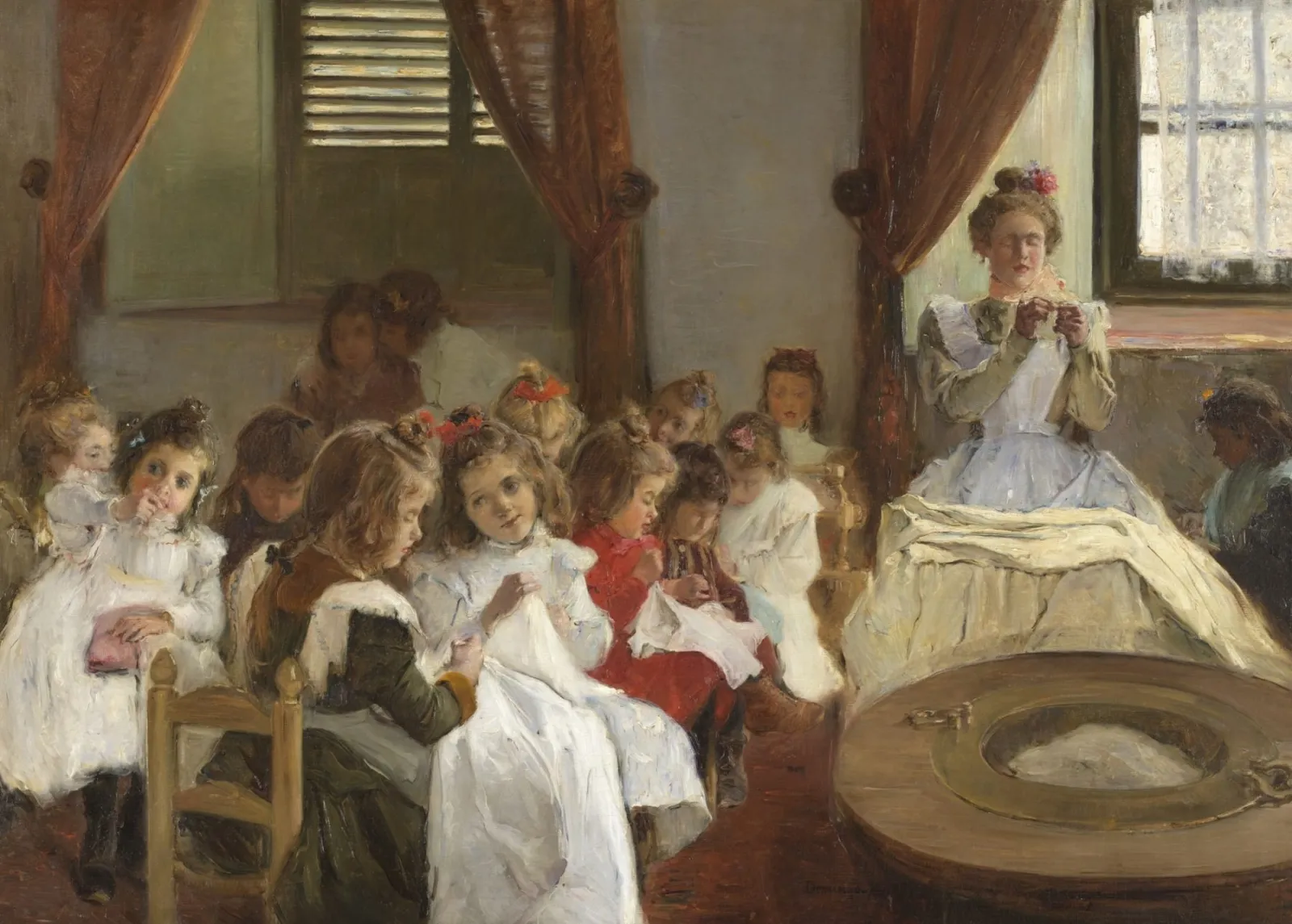 Young girls in white dresses sewing on small chairs while a woman by the window sews and watches over them; a brazier stands in the foreground.