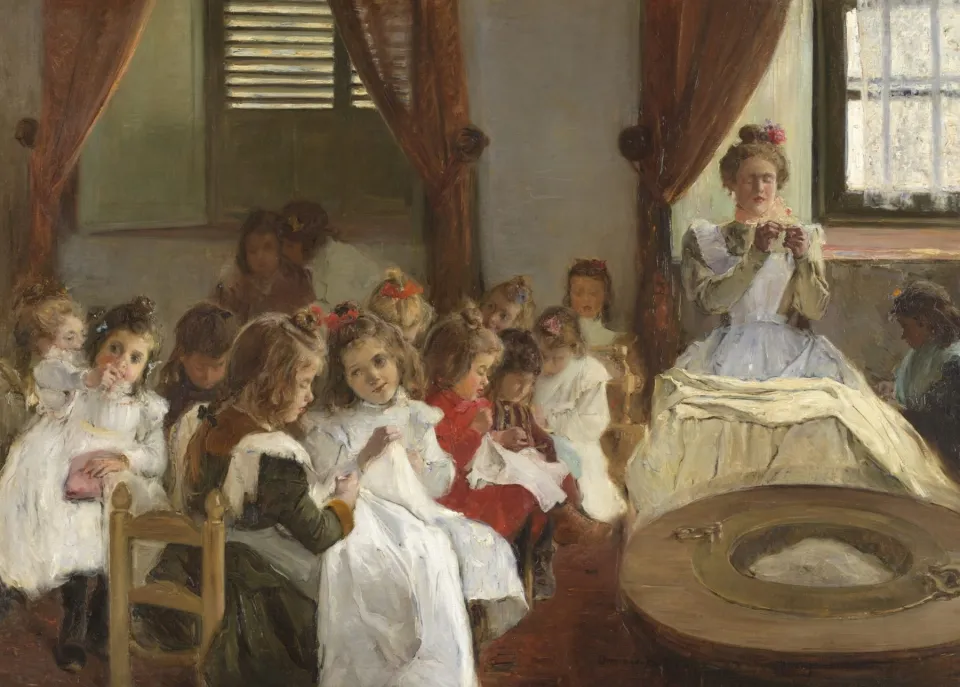 Young girls in white dresses sewing on small chairs while a woman by the window sews and watches over them.